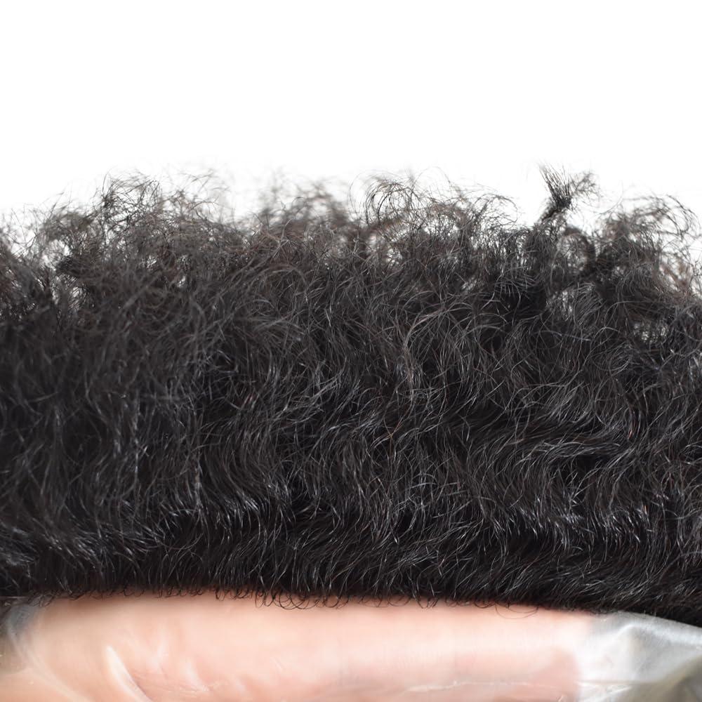 Hair Wonders Afro Toupee For Black Men Poly Skin Man Weave Hair Unit Black Men Mens Toupee Human Hair Kinky Curly Hair Toupee For Men African American Afro Toupee Gray Black Hair (1# JET BLACK-14mm afro wave)