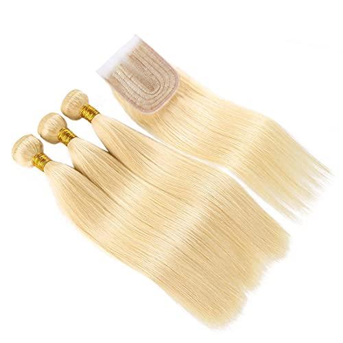 EREE HAIR EREE HAIR 613# Blonde Brazilin Straight Virgin Hair 3 Bundles with 4x4 Lace Closure Middle Part T Part Lace Closure Remy Human Hair Wefts Weave(22 24 26 with 20)