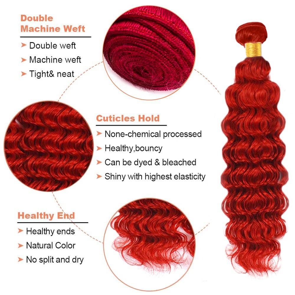 ZevPiul Bright Red Human Hair Bundles Red Deep Wave Bundles 12 14 16 Inch Fire Red Bundles Human Hair 8A Unprocessed Brazilian Virgin Burgundy Deep Wave Bundles Human Hair Extensions