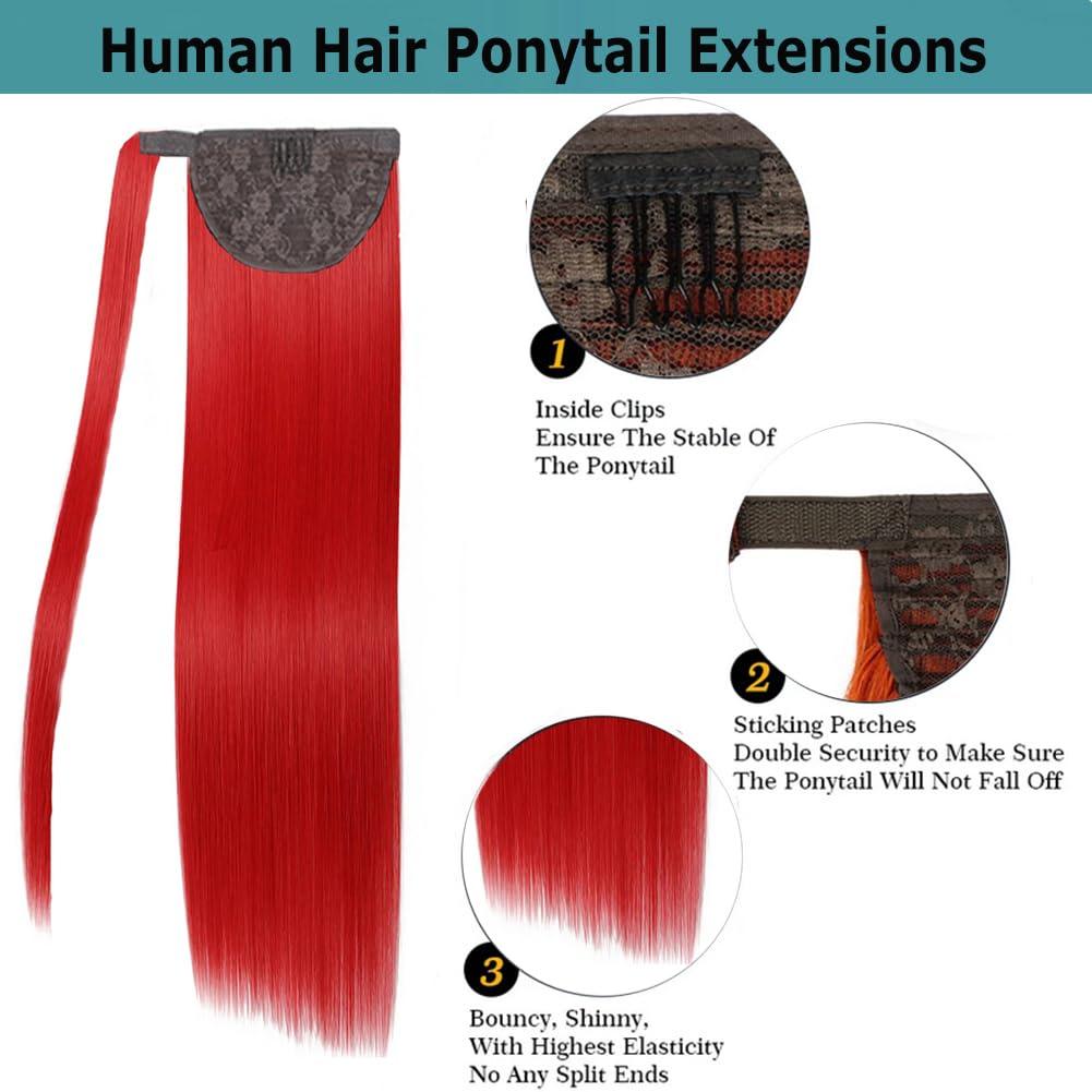 Kiss darling LASHES Red Straight Ponytail Extension Human Hair Wrap Around Ponytail Hair Extensions 22inch 150g Straight Clip Ins Ponytail Human Hair Extensions for Women