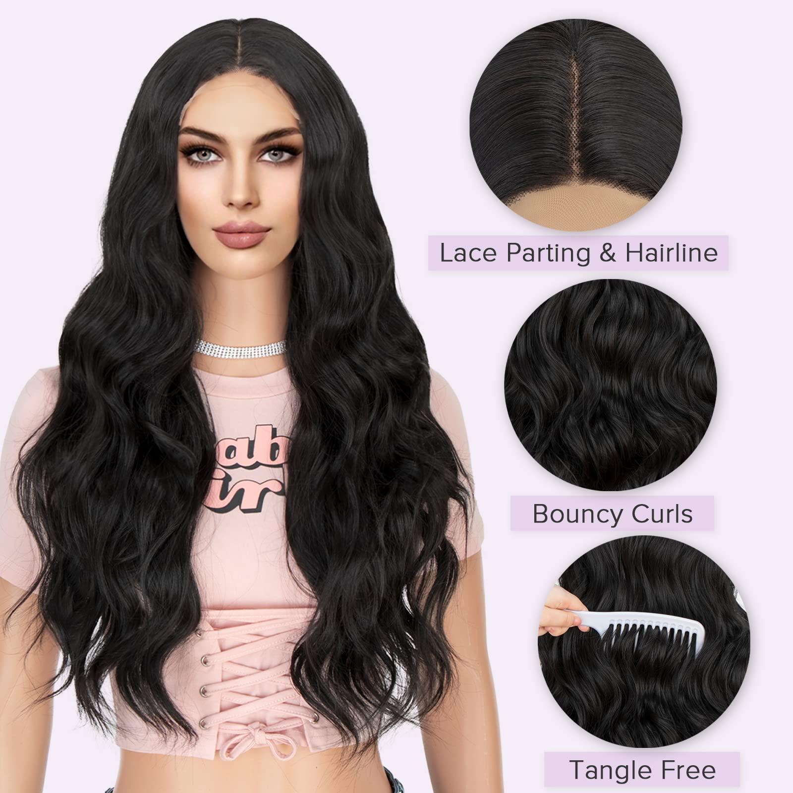 K'ryssma K'ryssma Black Synthetic Lace Front Wig Body Wave 180% Density Glueless Long Black Wig for Black Women T Part Black Wavy Synthetic Wig with Natural Hairline
