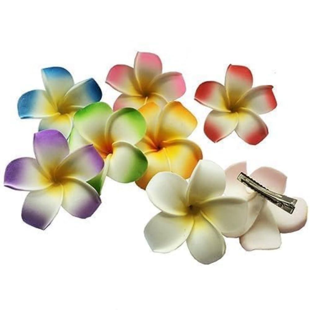 Zenarao Hair Flower Clips, 4Pcs 7cm White and Pink Hawaiian Frangipani, Plumeria Foam Head Flower Party Beach Hair Clip flower, Hawaiian Hair Clips