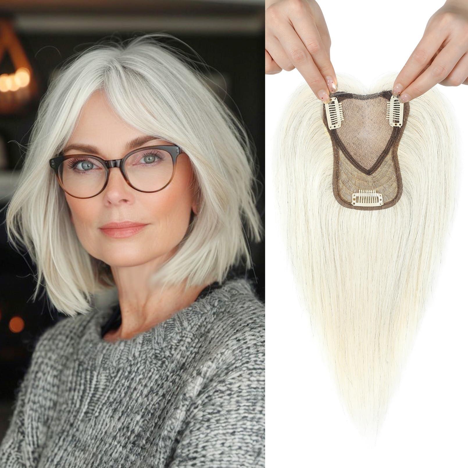 REECHO REECHO Real Human Hair Topper, 10 inch Women Hair Toppers for Thinning Hair, 100 Percent Human Hair Large Coverage Natural Hairpiece Wiglet, Swiss Base 4.5\"x3.5\", Silver White