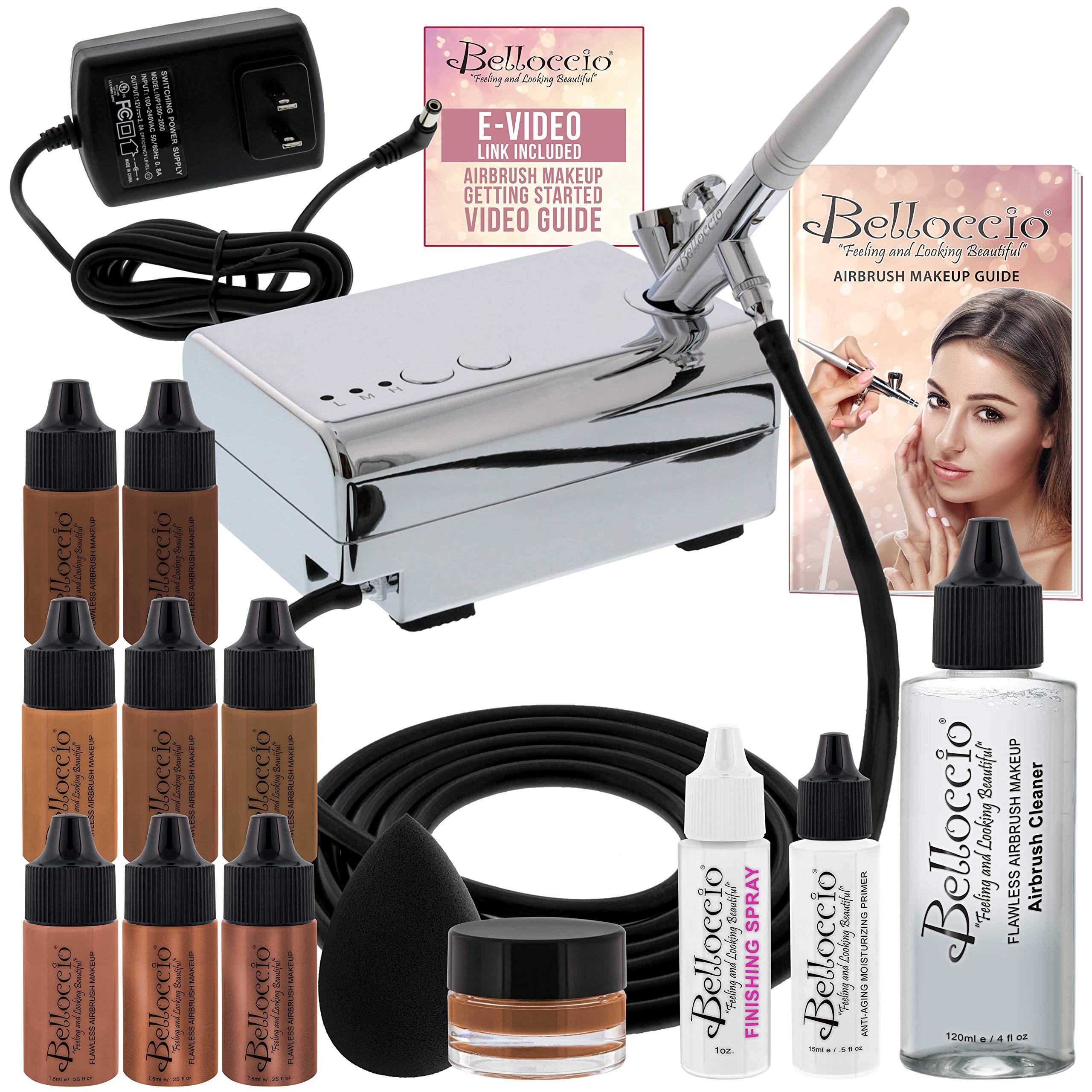 Belloccio Belloccio Professional Beauty Airbrush Cosmetic Makeup System with 5 Dark Shades of Foundation in 1/4 oz Bottles - Kit includes Blush, Bronzer and Highlighters