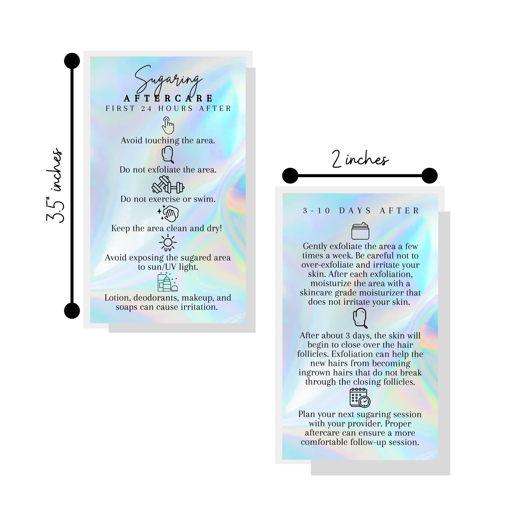 Lashicorn Sugaring Hair Removal Aftercare Cards | 50 Pack | Size 2x3.5 inches Business Card Size | Waxing Aftercare Kit Cards | Client Hand Out Wax Post Sugar FAQs Aftercare Faux Holographic Rainbow design