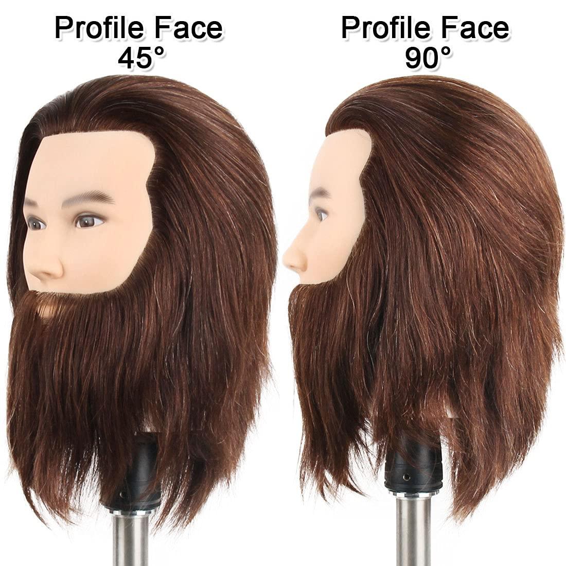 Newshair NEWSHAIR Male Mannequin Head with Beard 100% Human Hair Haircut Training Head with Thick Hair Hairdresser Manikin Head Doll Head for Styling and Practice Handsome Face Adult Head Size (8-10Inch 3B#)