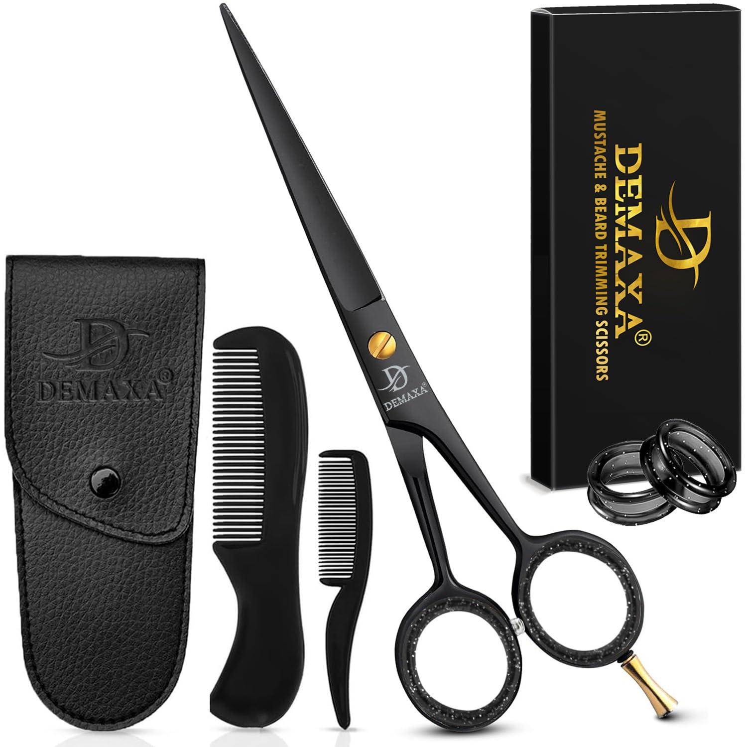 DEMAXA DEMAXA 5\" Professional Beard Mustache Scissors with 1 Mustache Comb, 1 Beard Comb & Soft Pouch Prefect Beard Trimming Scissors for All Facial Hair Scissors Grooming Scissors Men (Black)