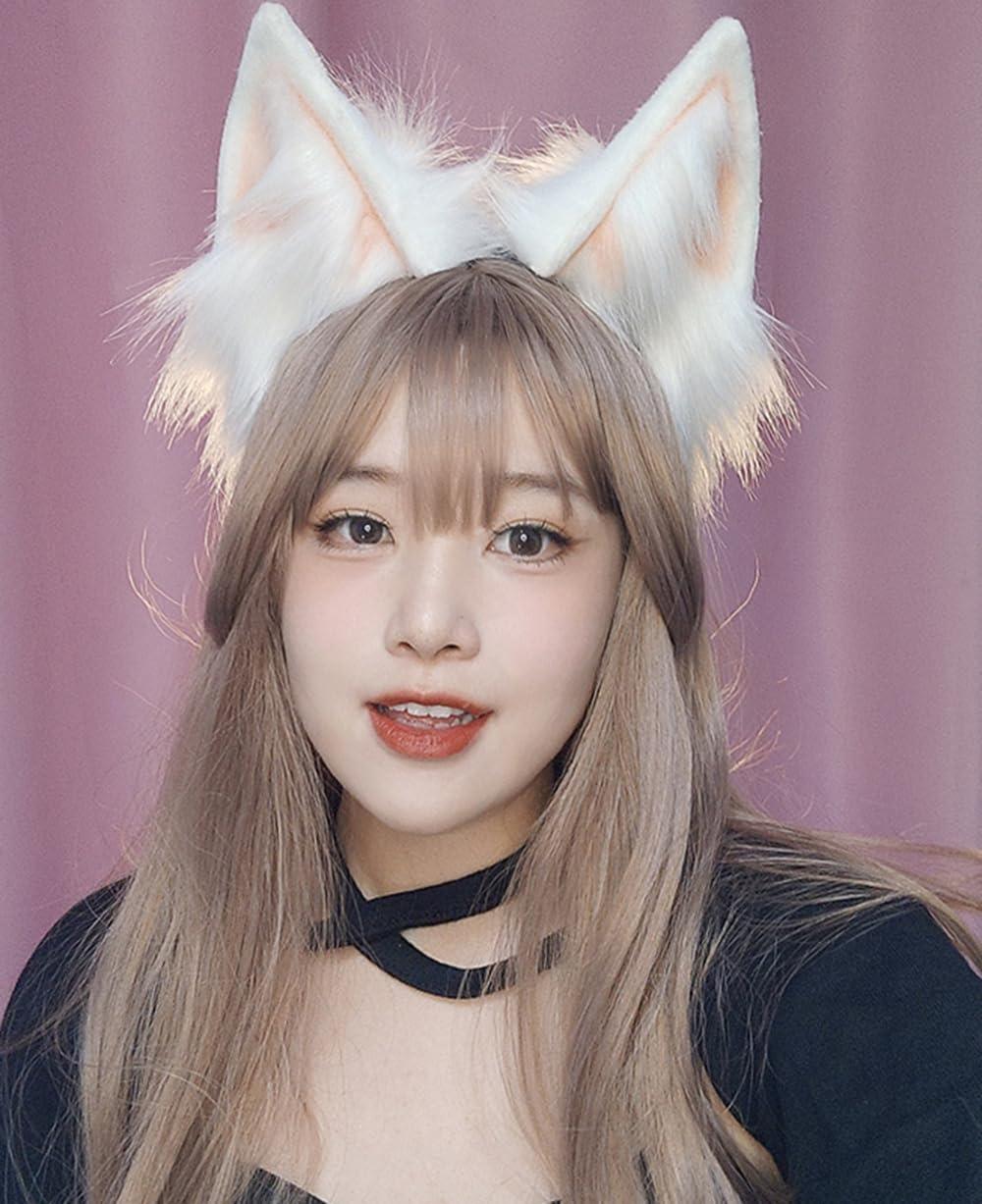 TEDPRBGE TEDPRBGE Plush Fox Cat Ear Headwear Animal Ears Headband Electric Moving Ear Headpiece Party Cosplay Costume Accessories (White Pink)