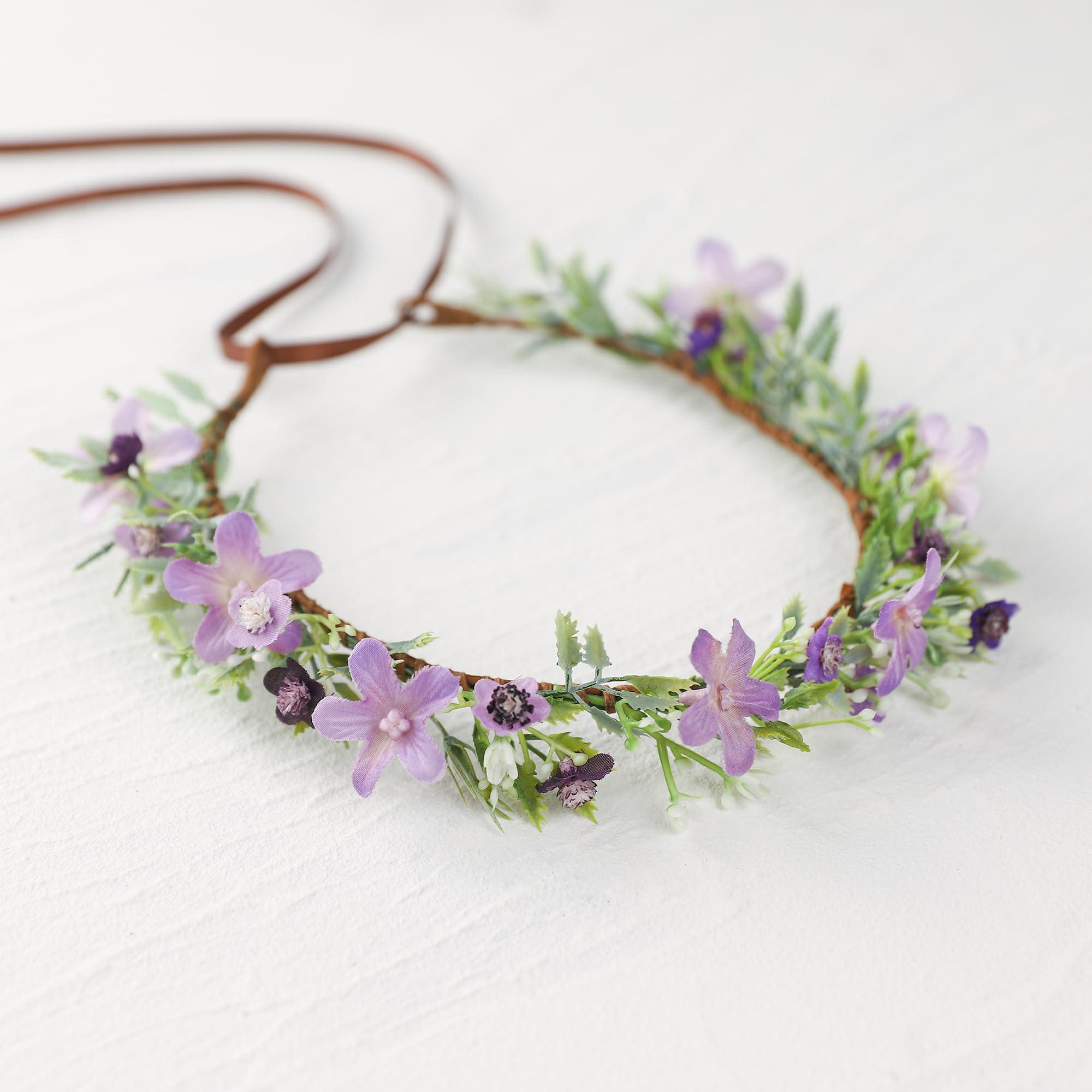 KorViSHOW KorViSHOW Handmade Purple Flower Crown Floral Headband for Bridal Weeding Elf Wreath Women Girls Headdress Fairy Green Leaf Headpiece Cosplay Photo Prop