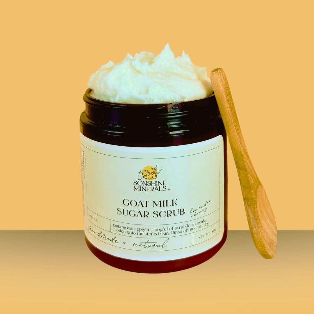 SONSHINE MINERALS Lavender Honey Goat Milk Sugar Scrub - Whipped with Coconut Milk for Silky Smooth Skin; Targets Bumpy Arms & Gentle on Sensitive Skin - Made in USA