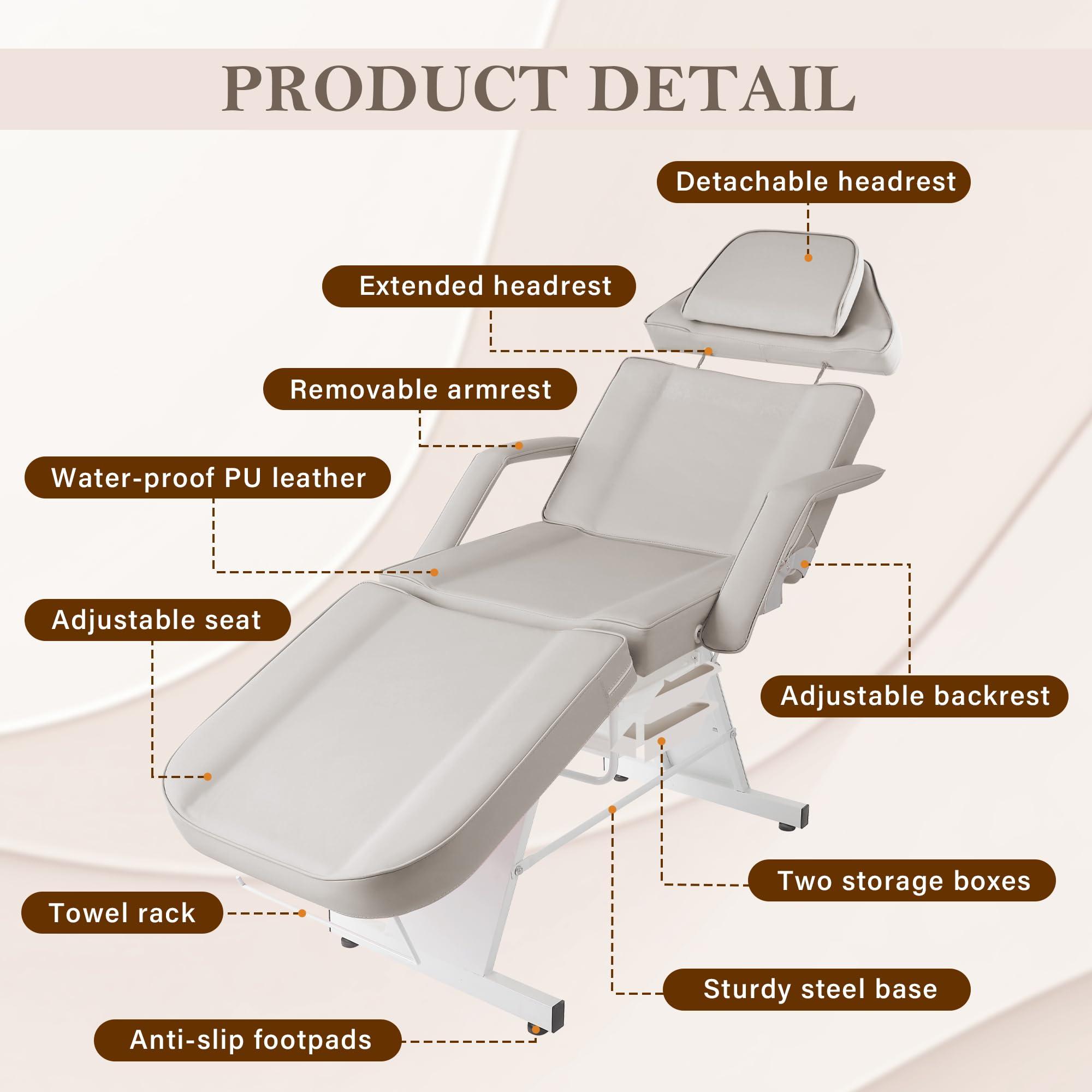 KIIUMI KIIUMI Tattoo Chair for Client, Facial Beds for Esthetician Lash Bed with Extended Head & Rolling Stool, Extensions Tattoo Massage Table for Artist Beaty Spa Salon Equipment with Storage Tray -Grey