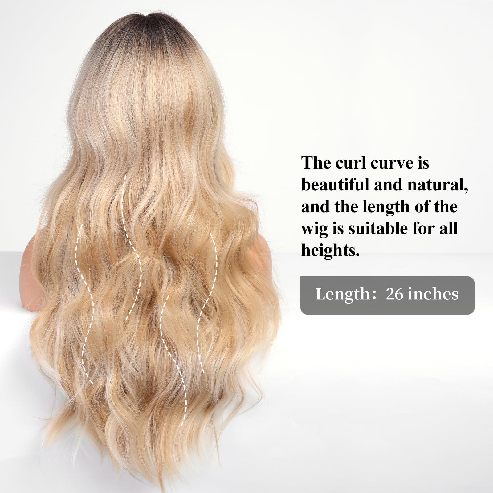 HAIRCUBE HAIRCUBE Blonde Long Curly Wig with Bangs Dark Root Highlight Natural Appearance Heat-Resistant Synthetic Wig Suitable for Fashionable Women 25Inch