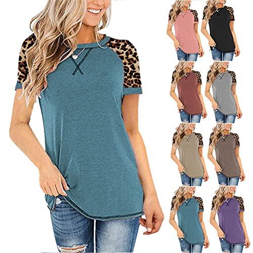 Andongnywell-Women Tops Andongnywell Women's Casual Short sleeve T Shirt Solid Soft Crew neck Tee Tops Cheetah printed T-shirt (Black,5X-Large,)