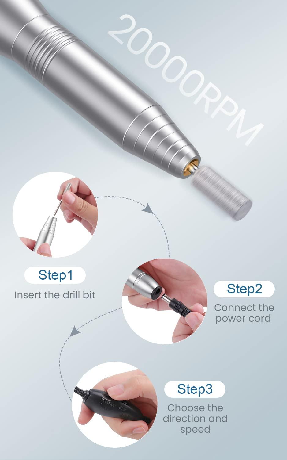 OVX Nail Drills for Acrylic Nails Professional, Portable Electric Nail Filer Kit for Gel Nail with 6 PCS Nail Drill Bits and Sanding Bands Manicure Pedicure Polishing Shape Tools for Home Salon Silvery