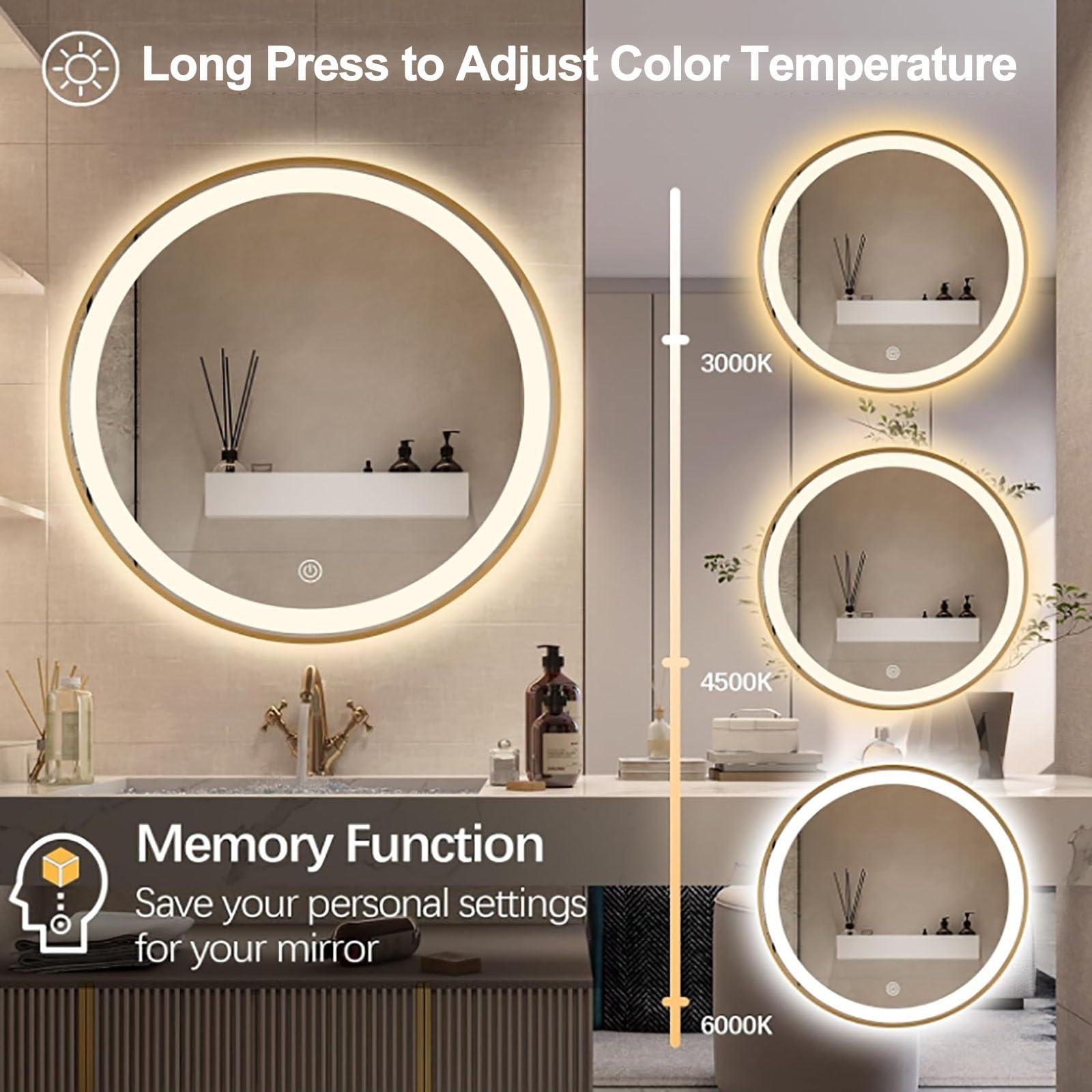 COMPR Mirror with Lights, Led Bathroom Mirror, Led Gold Frame Round Mirror, Wall Mounted Lighted Vanity Mirror, 3 Colors, Memory Function (Color : Gold, Size : 60cm)