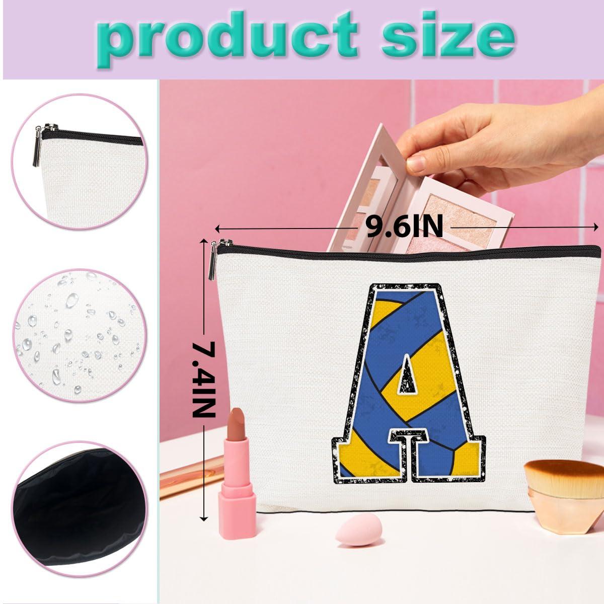 CQM Volleyball Gifts Initial Makeup Bag Monogrammed Cosmetic Bag Letter A Zipper Pouch Volleyball Accessories for Girls Women Volleyball Player Coach Friend Volleyball Stuff Graduation Birthday Gifts
