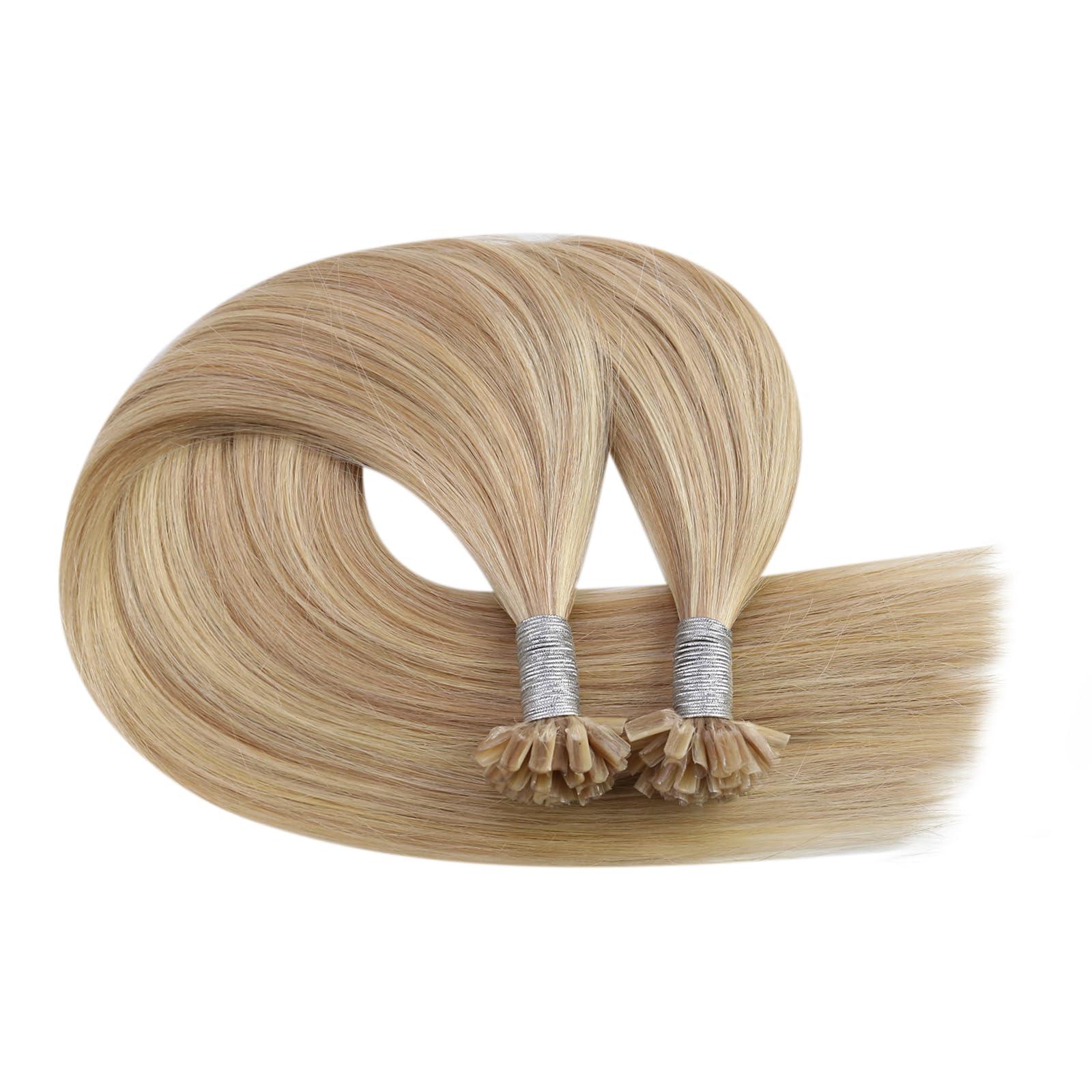 Ugeat Ugeat Utip Human Hair Extensions Dark Ash Blonde Highlights Golden Blonde U Tip Keratin Bond Hair Extensions for Women Add Length No Shedding 22 Inch 50G 50S