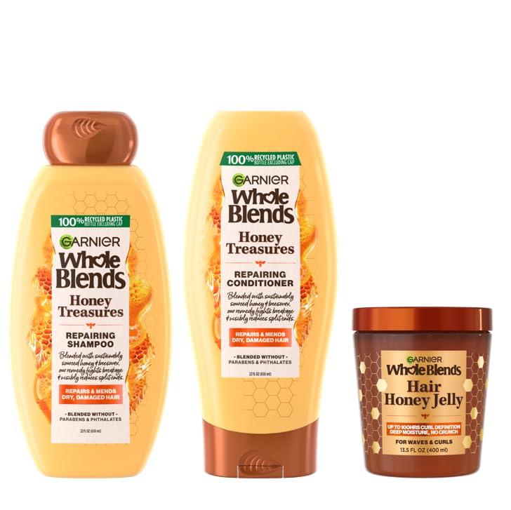Garnier Garnier Whole Blends Honey Treasures Repairing Shampoo (22 Fl), Conditioner (22 Fl) + Defining Wavy & Curly Hair Jelly (13.5 Fl) (4 Items), Bundle