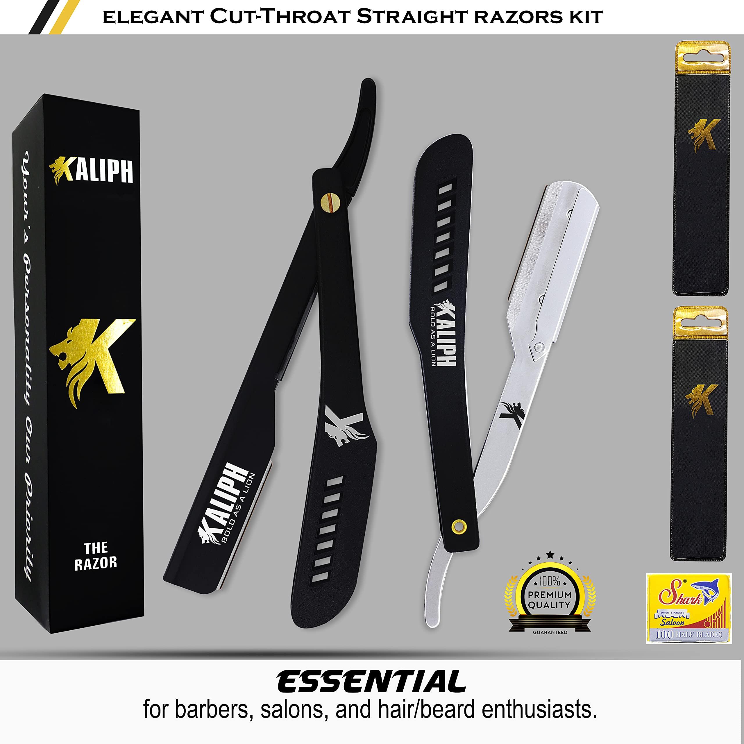 KALIPH Kaliph Professional Straight Razor For Men - Premium Pack of 2 Straight Edge Barber Razor With 100 Blades - Smooth Shaving Men's Manual Cut Throat Shaver Safety Kit (Black)