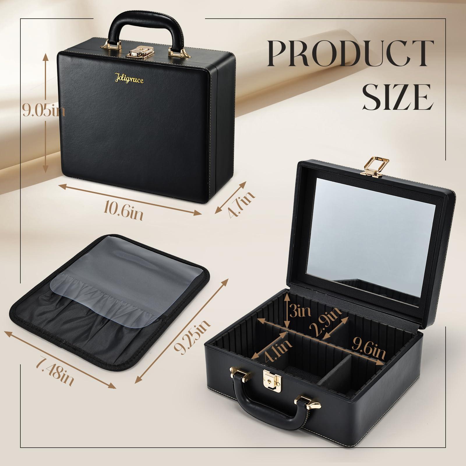 Joligrace Joligrace Travel Makeup Case, Travel Makeup Organizer Case with Mirror, Makeup Train Case Leather Portable Makeup Box Storage Bag,with Adjustable Dividers & Brush Holder (Black)