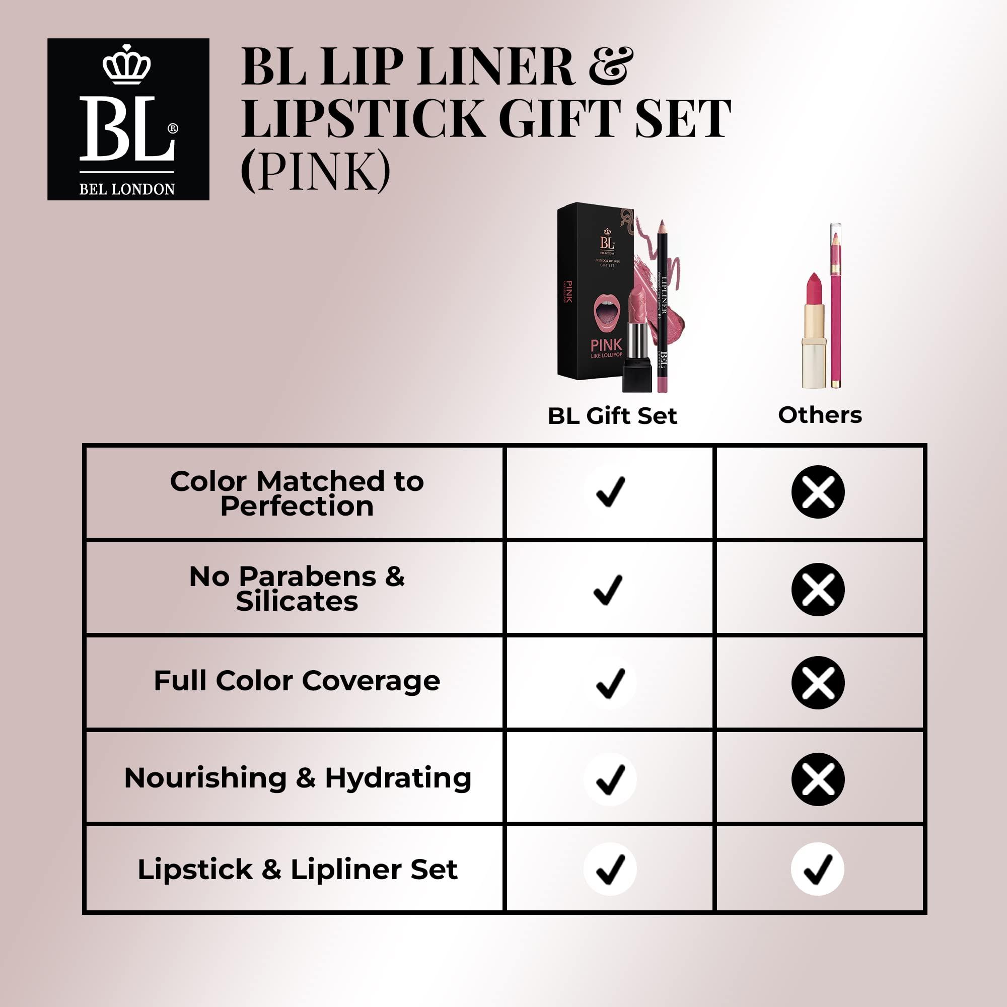 BL BL Color Matched Lip Liner & Lipstick Set (Pink) - Full-Coverage Argan Long Lasting Lipstick and Lip Liner Set With Natural Oils for Nourishment, Hydration, & Protection - Chemical-Free