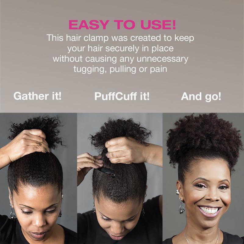 PuffCuff PuffCuff Junior 3\" Hair Clamp, For All Natural Curly, Thick, Kinky, Textured, Locs, or Braided Hair, Painless, Damage-Free Styling Tool Made Specifically for Big Hair, Black, 2 Pieces