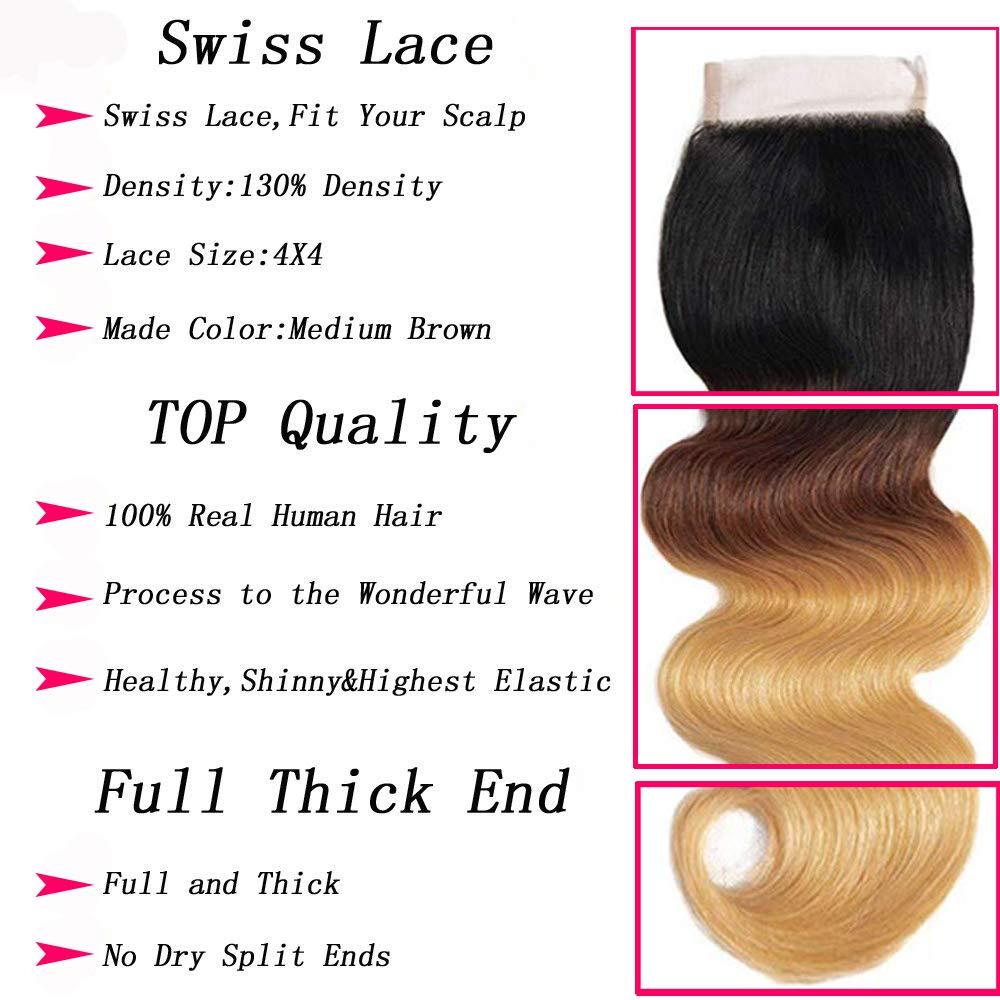 InsQueen Ombre Blond Bundles with Closure Brazilian Virgin Human Hair #1B/4/27 Body Wave Blond Human Hair Bundles with 4x4 Lace Closure Hair Extension (12 14 16+10 Inch)