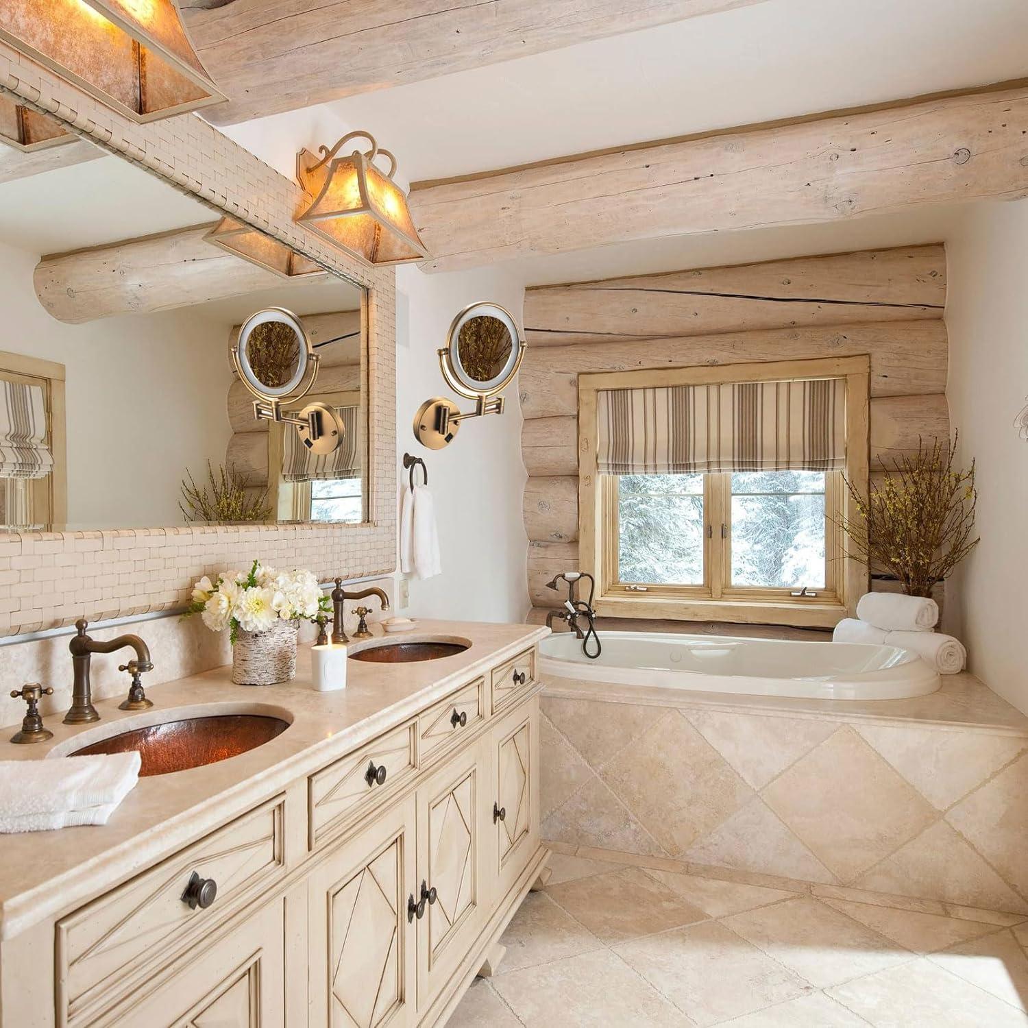 PROHEL Lighted Makeup Mirror Wall Mounted, Cosmetic Mirror with Magnification, Double Sided Vanity Mirror with Led Lights, 360 Swivel Bathroom Shaving Mirror Extend and Fold (Color : Bronze, Size : Plug 5