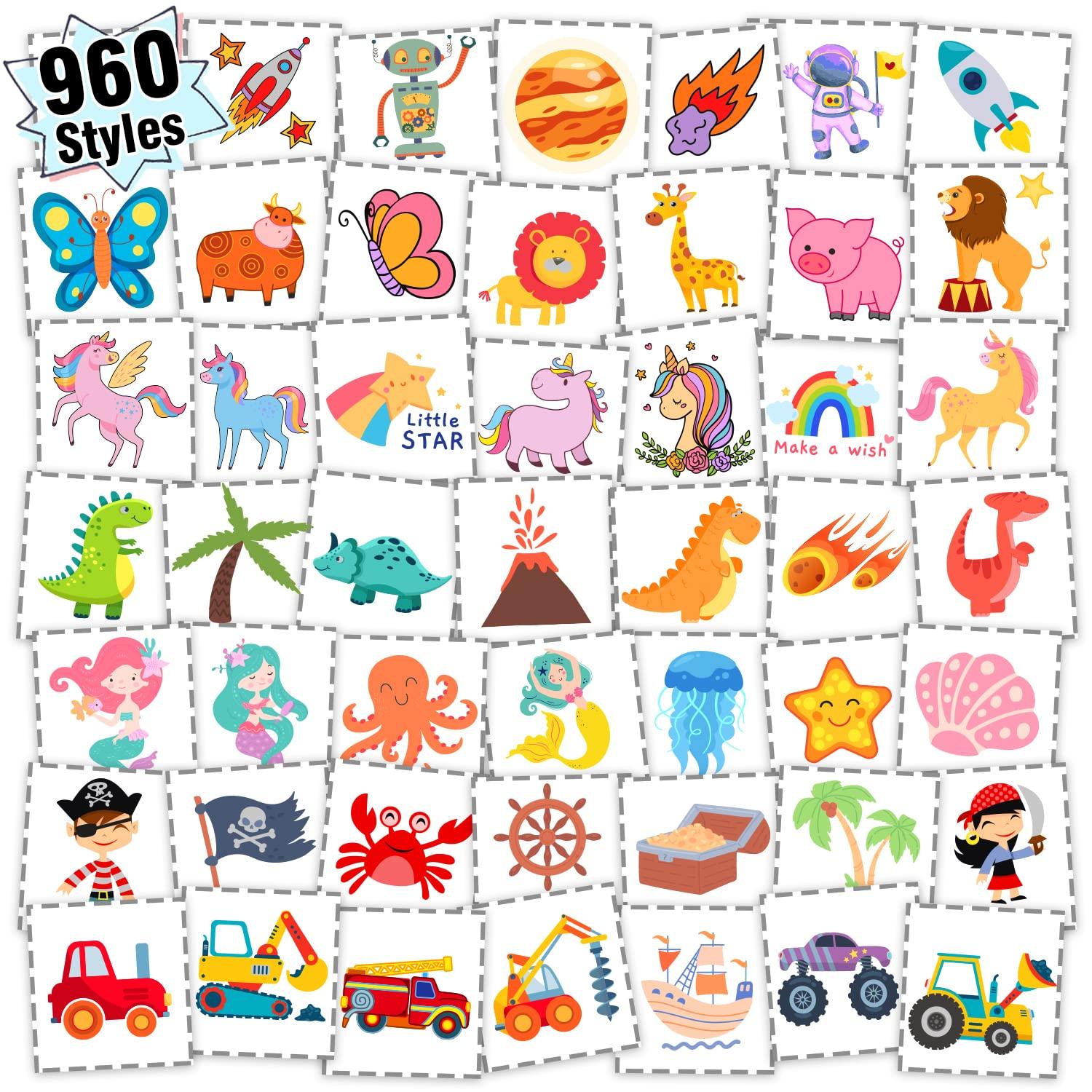 PARTYWIND Partywind 960 PCS Individually Wrapped Tattoos for Kids Bulk, Cute Temporary Tattoo Stickers for Birthday Party Supplies Favors, Fake Tattoos for Kids Christmas Gifts Games (20 Sheets)