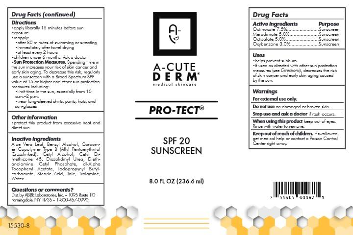 A-Cute Derm A-Cute Derm Pro-Tect SPF 20 Sunscreen Moisturize the Skin Protects Against Harmful Effects of UVA & UVB Rays Prevent Premature Aging and Wrinkling of the Skin (8.0 oz)