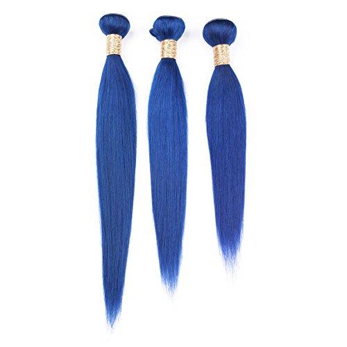 Generic Silky Straight Blue Color Human Hair Weaves With Lace Closure With Baby Hair Unprocessed Free Middle Closure Pieces With Blue 3Bundles Extensions (14 16 18+12 inch closure)