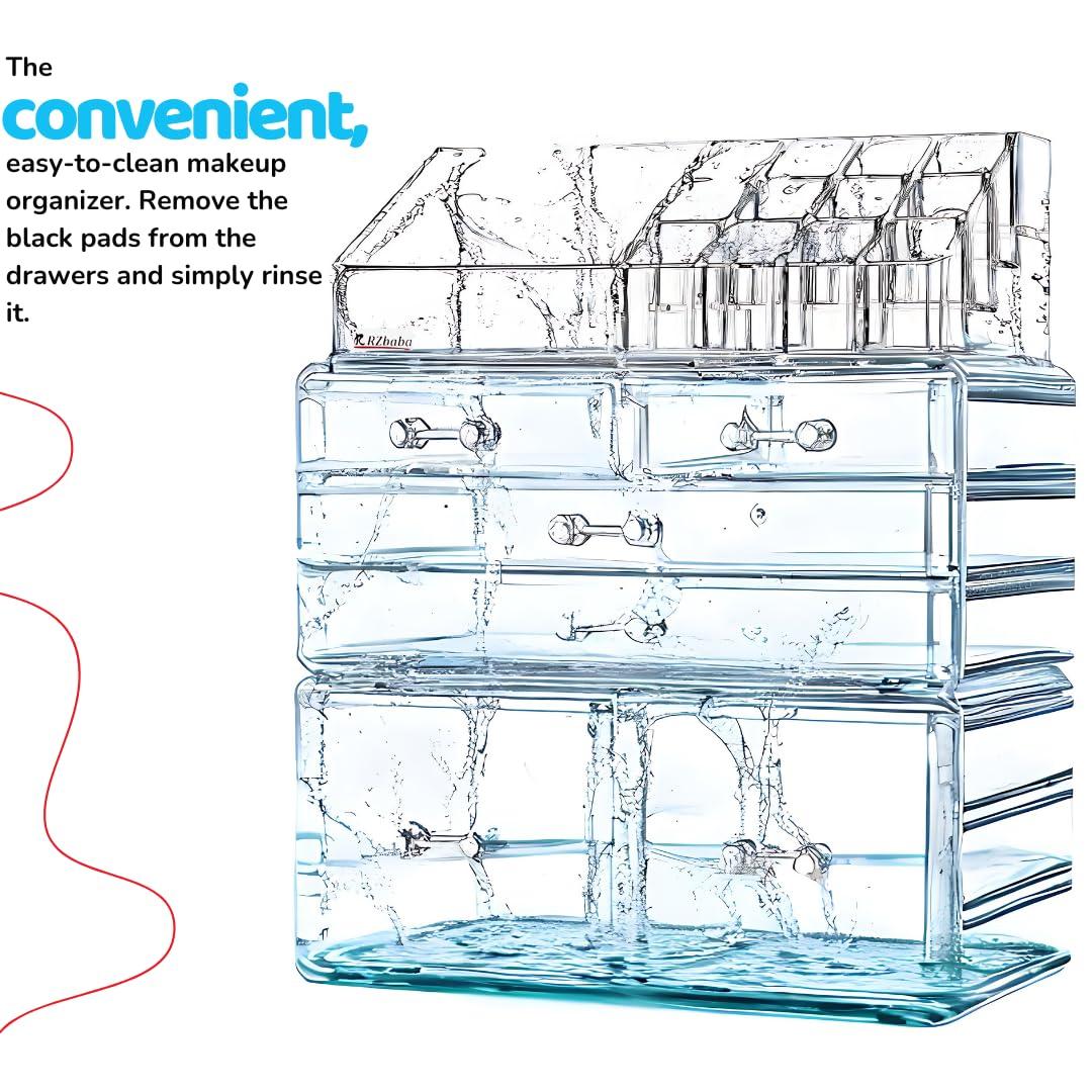 R RZbaba 3 Pack Clear Stackable Makeup Organizer with 6 drawers - Cute Vanity Storage for Cosmetics, Jewelry, Skincare and Hair Clips - Acrylic Countertop Display for Bathroom and Desk - Easy to Clean