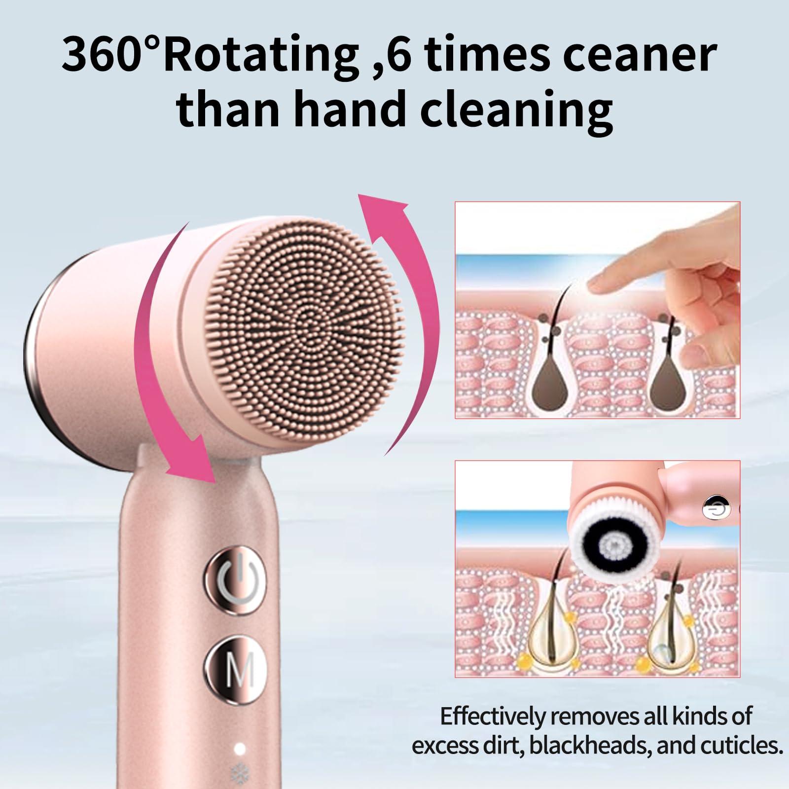 ViQure VIQURE Electric Facial Cleansing Brush,8-in-1 Face Cleansing Brush with Hot & Cold Compress, 6 Brush Heads, 3 Spin Speeds, Waterproof face Scrubber for Exfoliating, Deep Cleansing,Massaging (Pink)