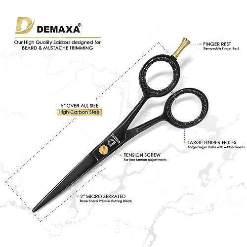 DEMAXA DEMAXA 5\" Professional Beard Mustache Scissors with 1 Mustache Comb, 1 Beard Comb & Soft Pouch Prefect Beard Trimming Scissors for All Facial Hair Scissors Grooming Scissors Men (Black)