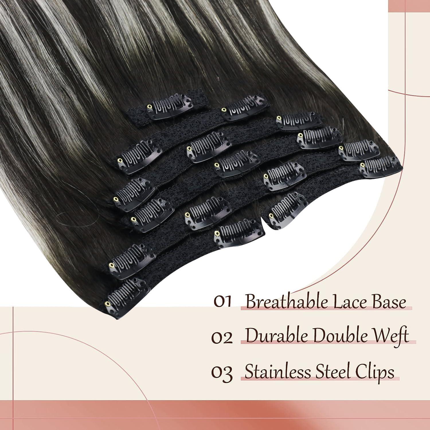 Sunny Hair Sunny Hair Clip in Hair Extensions Straight Human Hair Clip in Extensions Remy Clip in Hair Extensions Real Human Hair Extensions Clip ins Balayage Black Ombre Silver Grey 14inch
