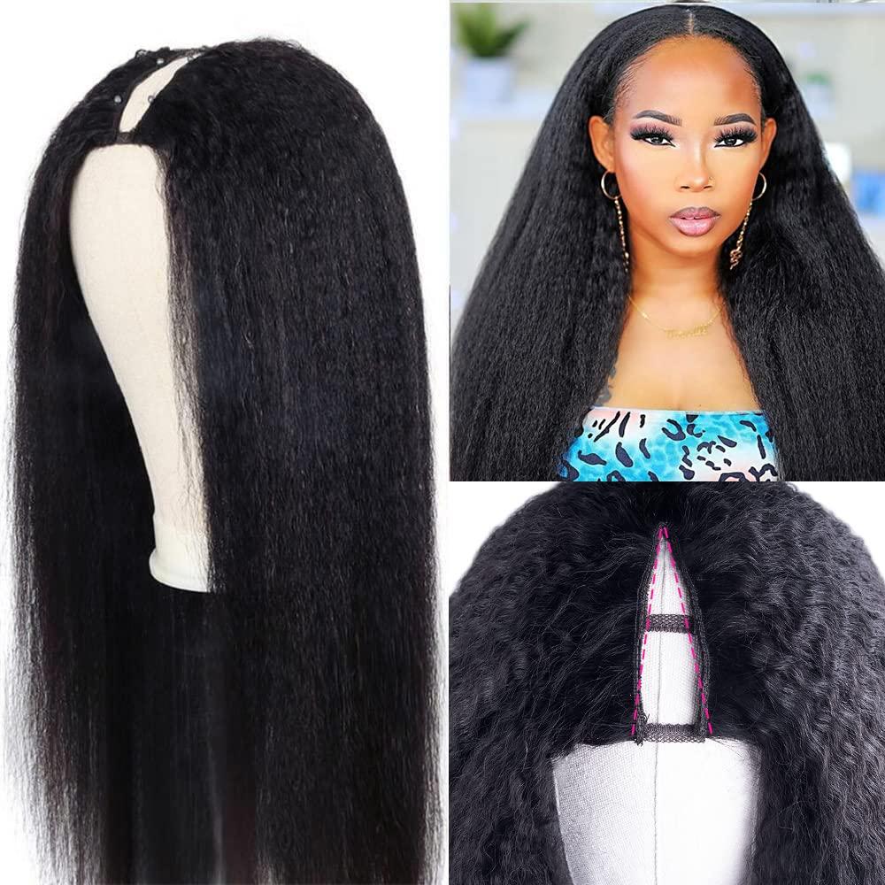 Abijale V Part Wig Human Hair Kinky Straight 180 Density Upgrade U Part Human Hair Wigs for Black Women No Leave Out V Part Wigs Glueless Clip in Half Wig Yaki Straight V Shape Wigs (26 IN, V Part Wigs)