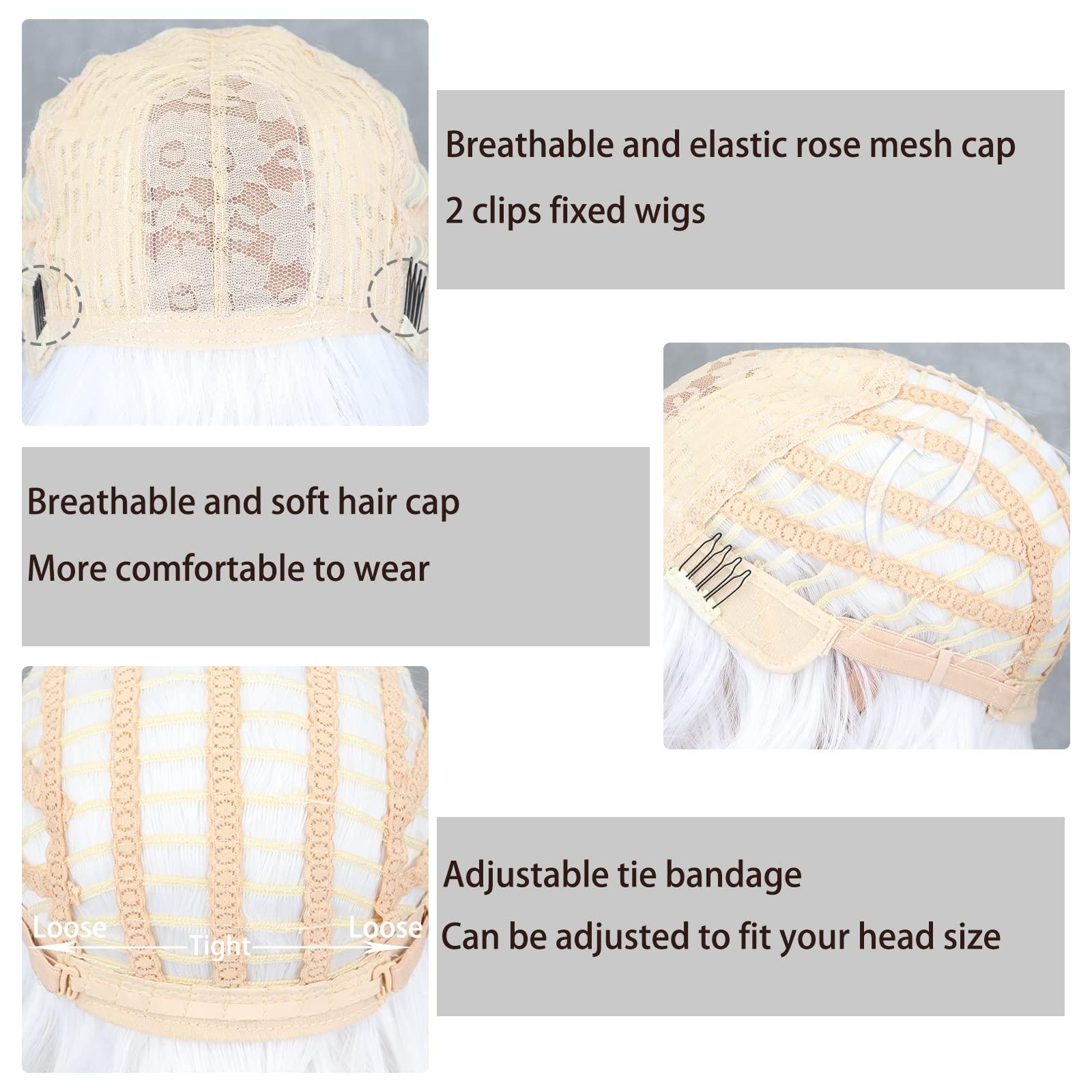 MISSQUEEN MISSQUEEN Short White Wig with Bangs Wavy White Hair Wigs for Women Synthetic Wavy Bob White Shoulder Length Wigs Natural Looking Heat Resistant Fiber Wig for Daily Party Cosplay Use