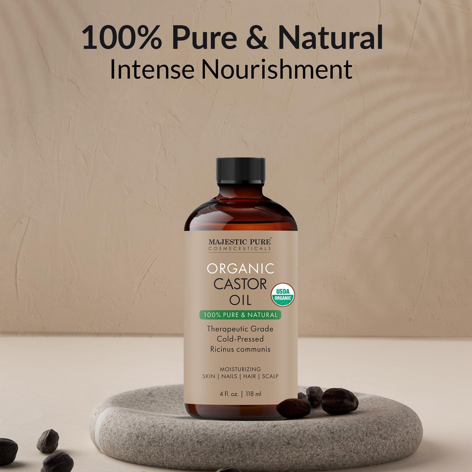 MAJESTIC PURE Majestic Pure USDA Organic Castor Oil | Hexane Free & 100% Pure | Cold Pressed | Stimulate Growth for Hair, Eyelashes, Eyebrows, Nails | Moisturizing & Nourishing | Body, Hair & Carrier Oil | 4 Fl Oz