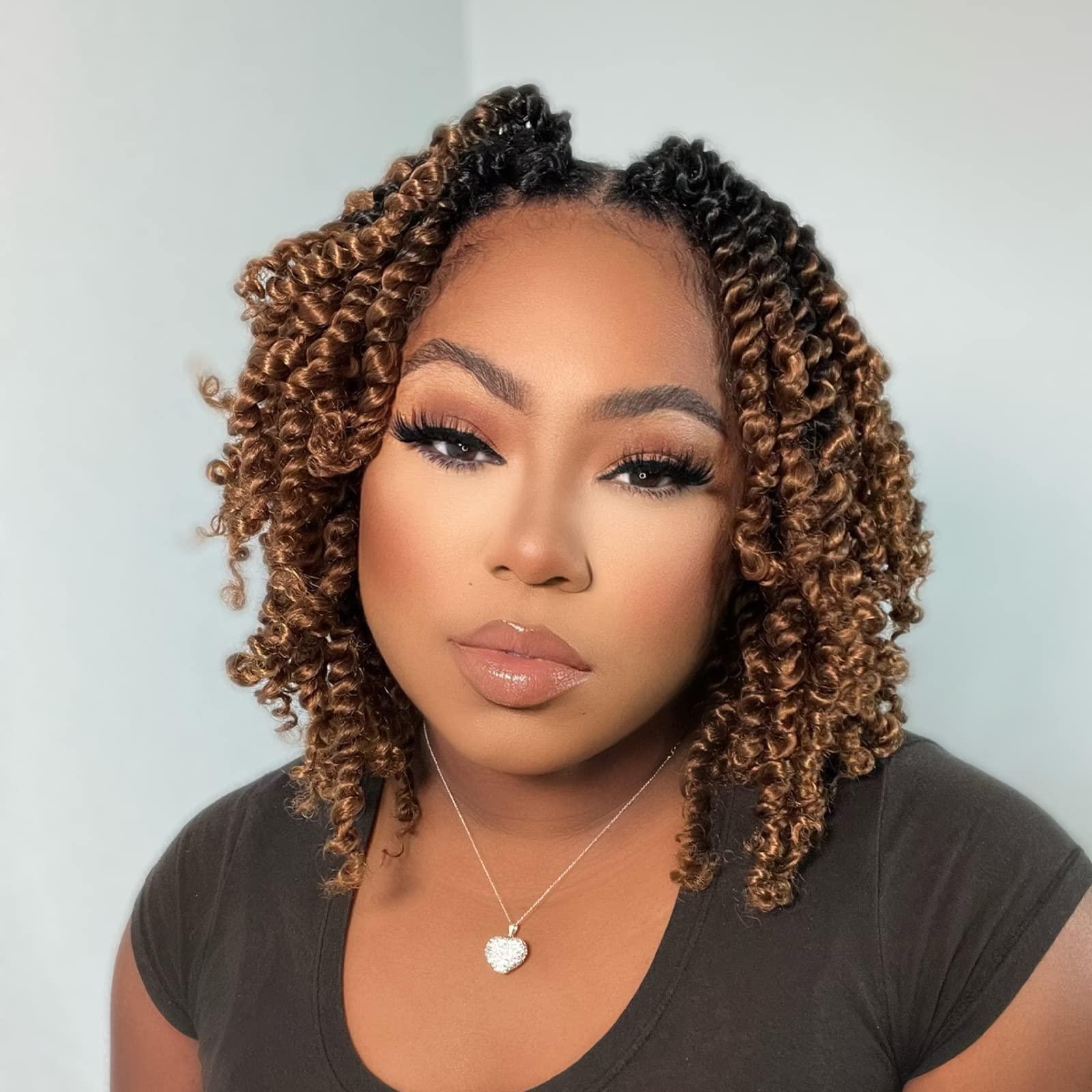 ToyoTress Toyotress Tiana Passion Twist Hair - 8 inch 8 Packs Pre-twisted Crochet Braids Ombre Brown Short Bob Pre-looped Synthetic Braiding Hair Extensions (8 Inch, OT30-8P)