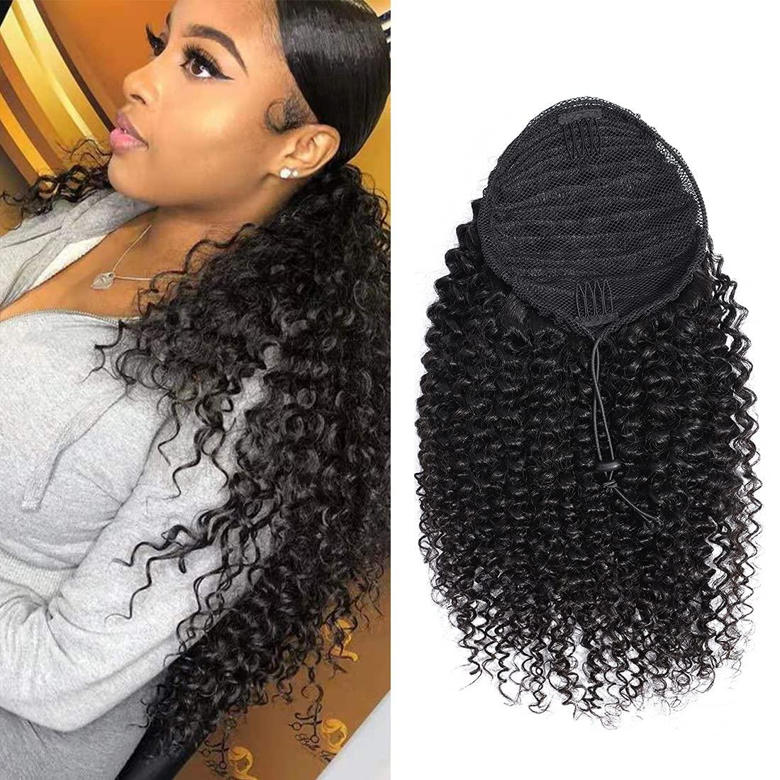 R RACILY HAIR Curly Human Hair Ponytail with Wrap Drawstring 3C Brazilian Hair Weave Natural Color Afro Kinky Curly Hair Piece Clip-in Extensions Hair Pieces for Women (24 Inch, Curly)