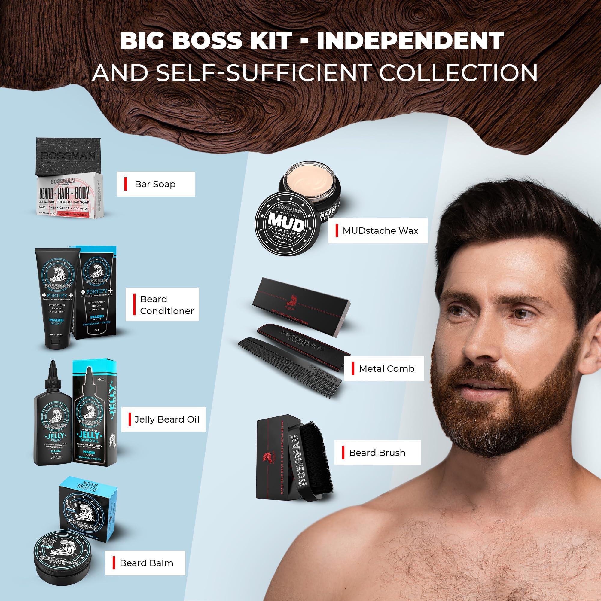 Bossman Bossman Big Boss Beard Care Kit for Men - 7 Piece Beard Grooming Kit with Jelly Beard Oil, Beard Conditioner, Beard Balm, MUDstache Wax, Bar Soap, Metal Comb, Brush - Mustache Kit (Magic)