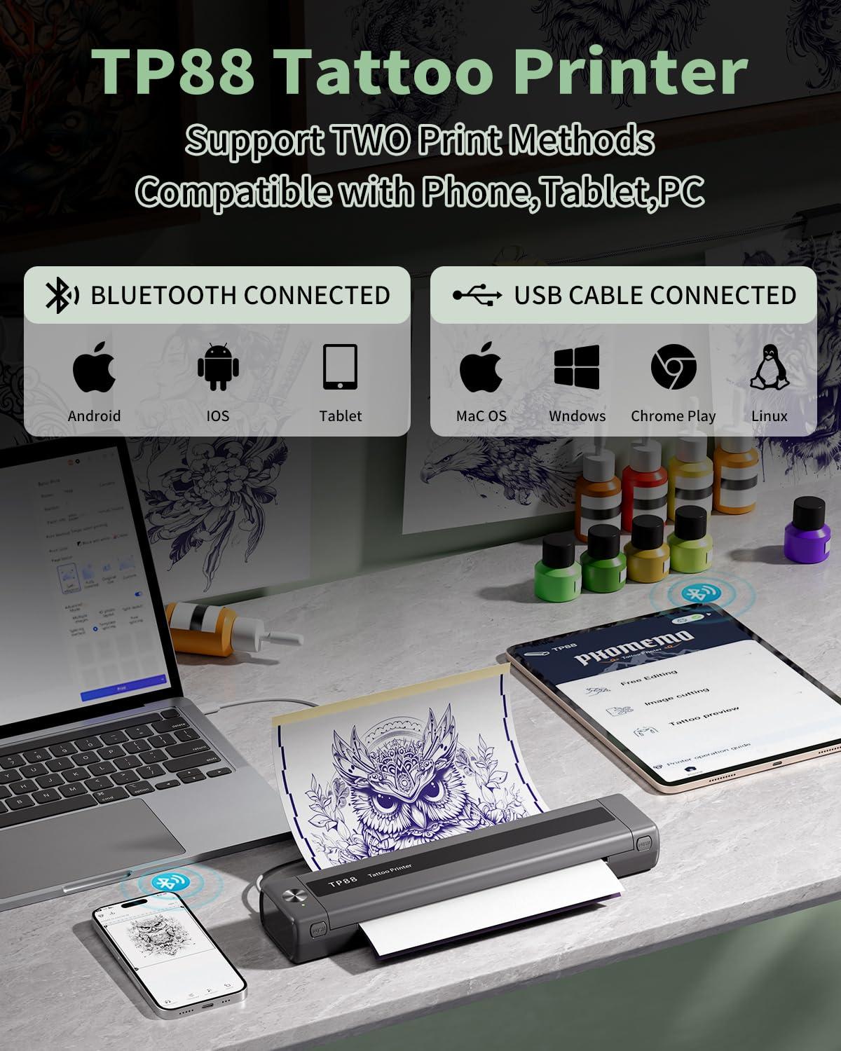 LabelCreate Tattoo Printer Machine,Wireless Tattoo Stencil Printer TP88 (Upgraded)+50 Sheets Tattoo Transfer Paper(8.27\" x 11.69\" A4 Size)