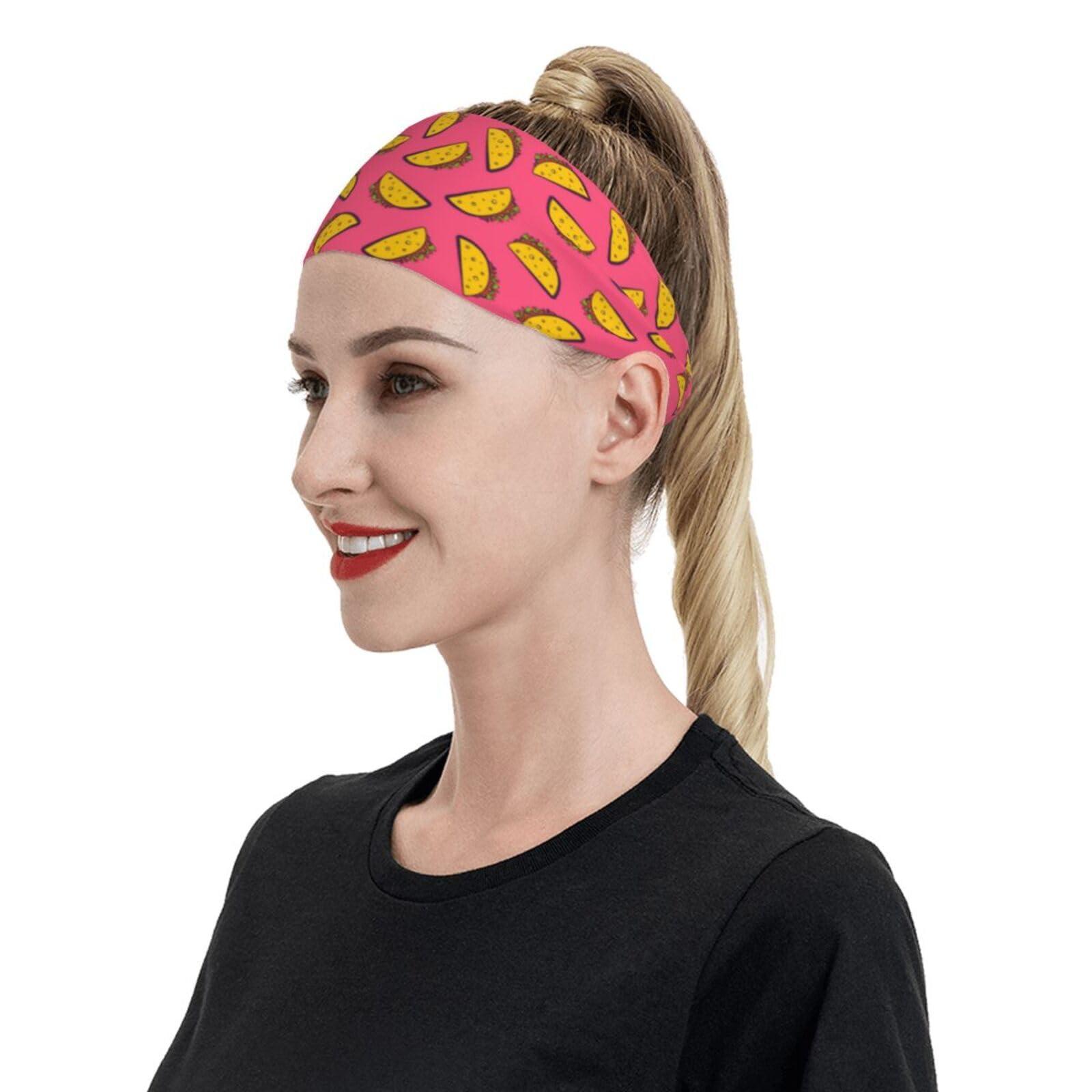 YIPOCH Pink Background Tacos Headbands for Women Non Slip face wash Makeup Headband Sports Running Headband Stretchy Sweat Band Fashion Wide Headbands for Women Head Bands Mens Sweatband
