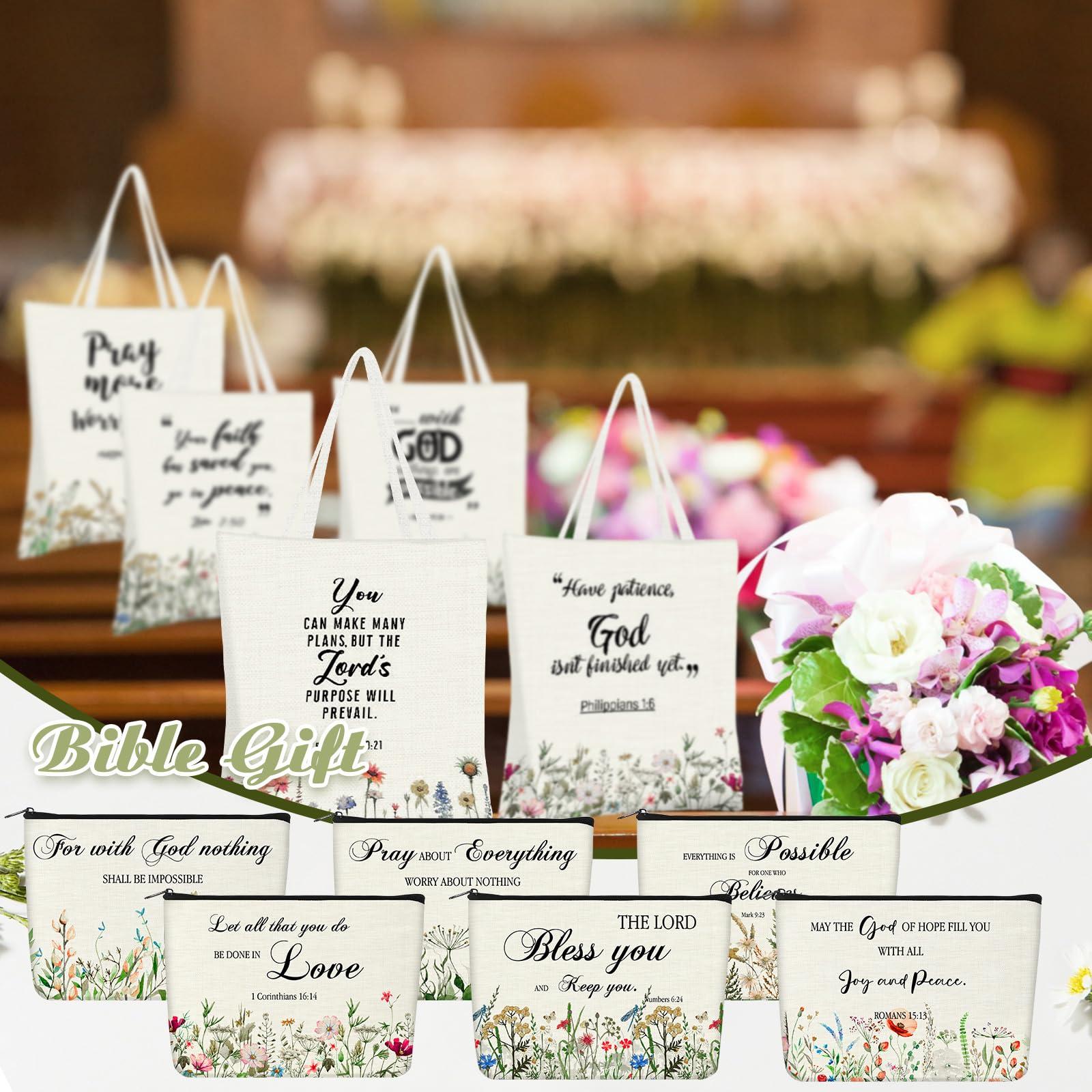 Aliceset Aliceset 12 Pcs Christian Gift for Women Including 6 Pcs Bible Verse Tote Bags 6 Pcs Inspirational Makeup Bags with Zipper Religious Motivational Gifts for Coworkers Christmas Church (Beige,Classic)
