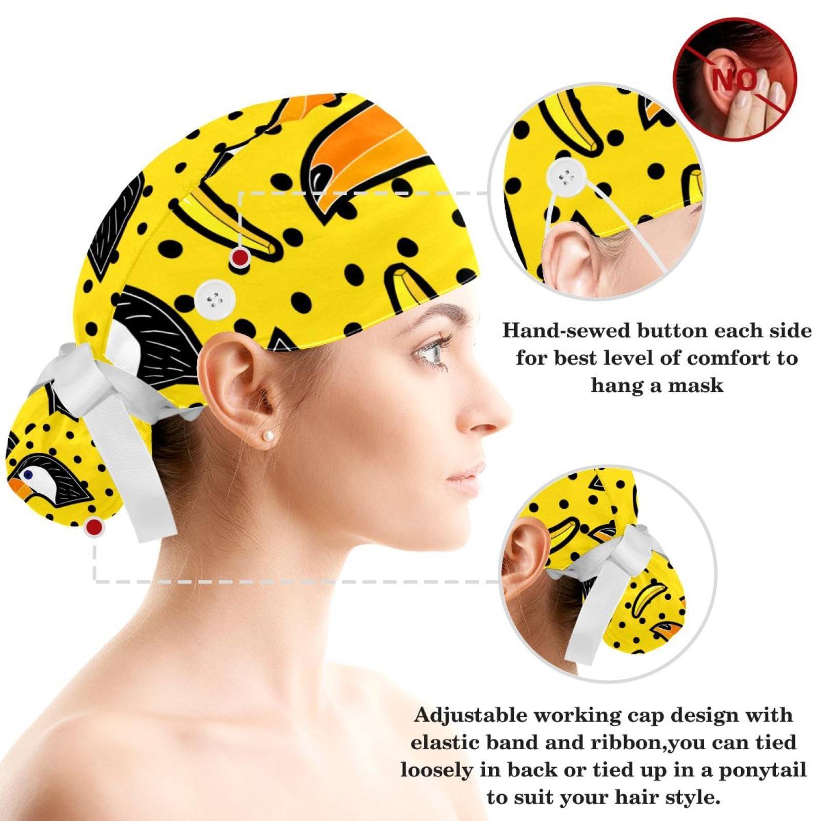 Vcedizo Toucan Birds Banana Dot Scrub Cap Women Ponytail Adjustable Tie Back Hat Surgical Hat with Bow Hair Scrunchy