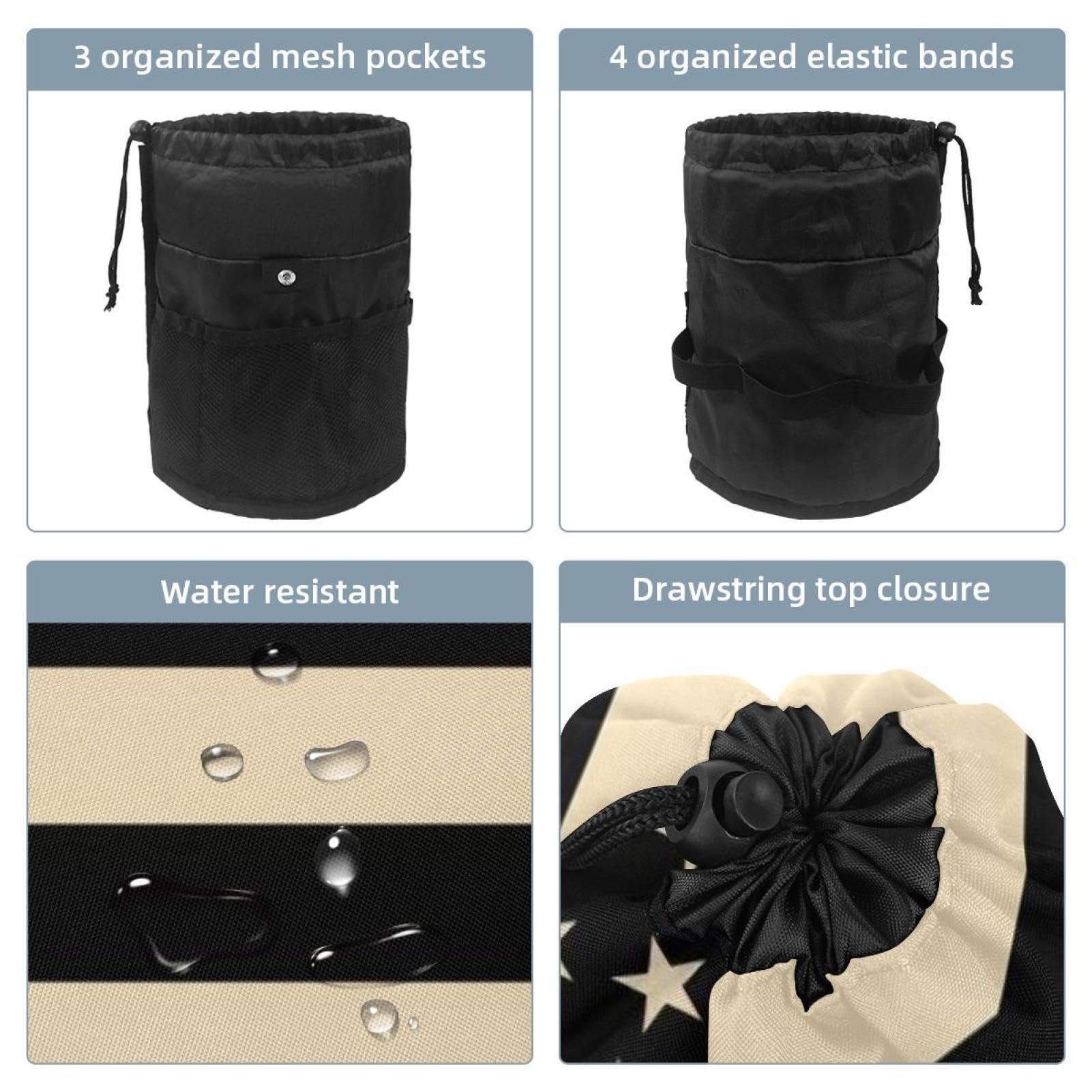 LSHDNG Drawstring Travel Cosmetic Bags Barrel Makeup Bag, Black American Football Stripe Large Toiletry Organizer Waterproof for Women