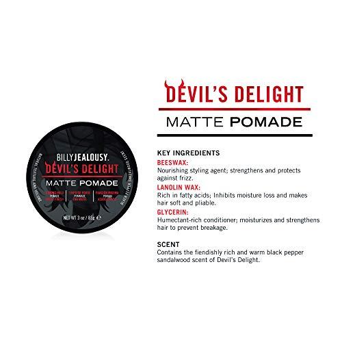 Billy Jealousy Billy Jealousy Devil's Delight Matte Pomade for Men Adds Volume and Definition, Strong Hold Water-Based Formula with Black Pepper Sandalwood Scent, 3 Oz.