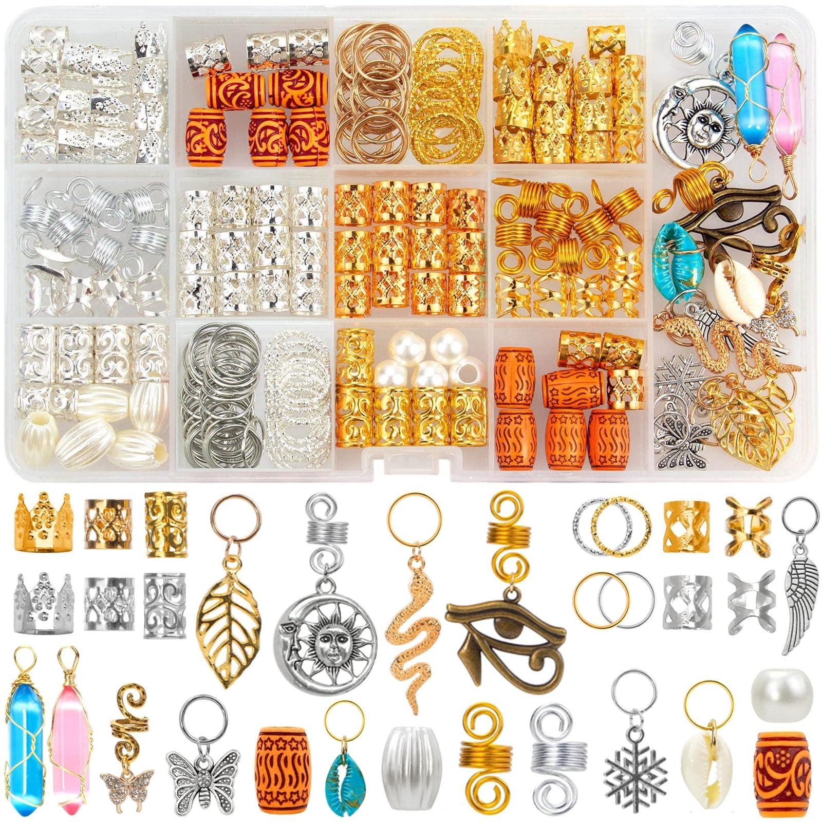 Tuefuzy 200 Pcs Hair Beads Jewelry, Dreadlock Jewelry for Hair Braids, Hair Accessories Gem Crystal Hair Charms, Metal Hair Coils Rings, Gold and Silver Hair Pendants, Braid Cuffs, Clips
