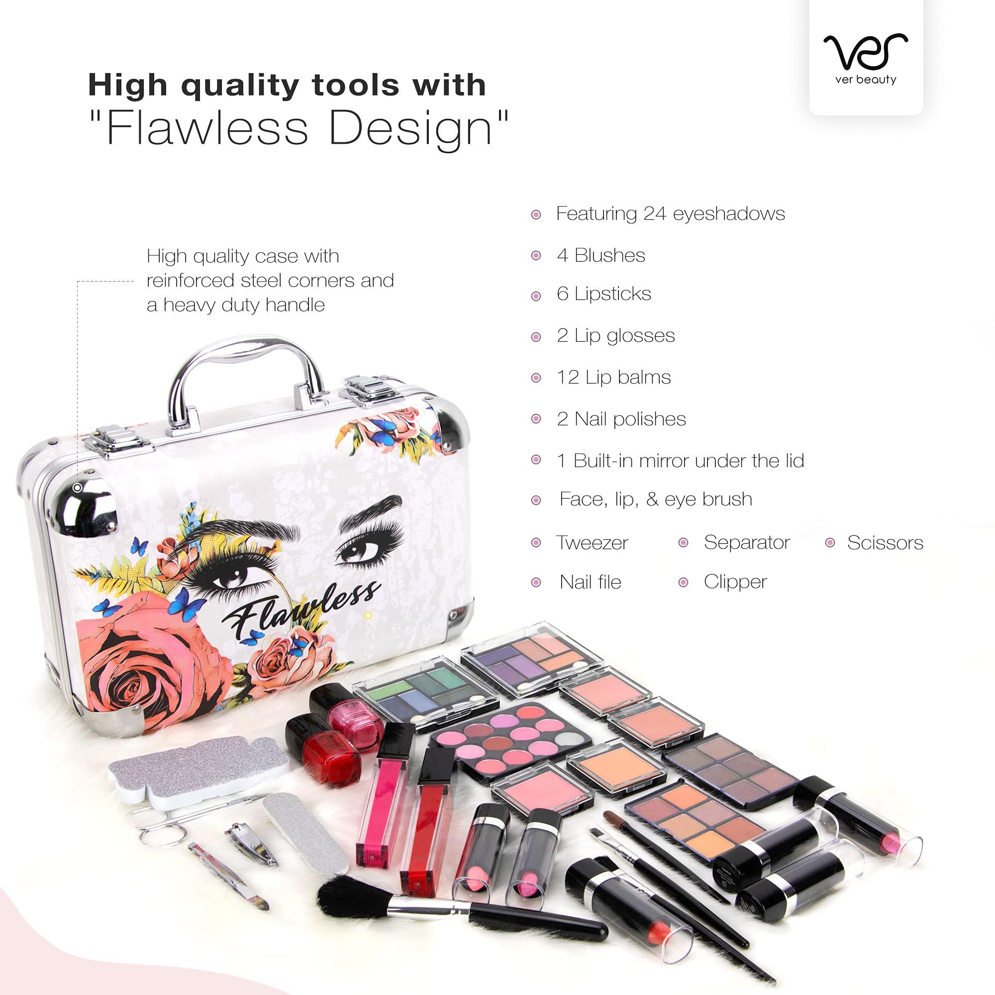 Ver Beauty All In One Makeup Set for Adults and Girls-Full Makeup Kit for Beginners Includes Eye Shadow Blush Lip Gloss Lipstick Lip Brush Mirror Tweezer Nail Filer Clipper Scissor (FLAWLESS)