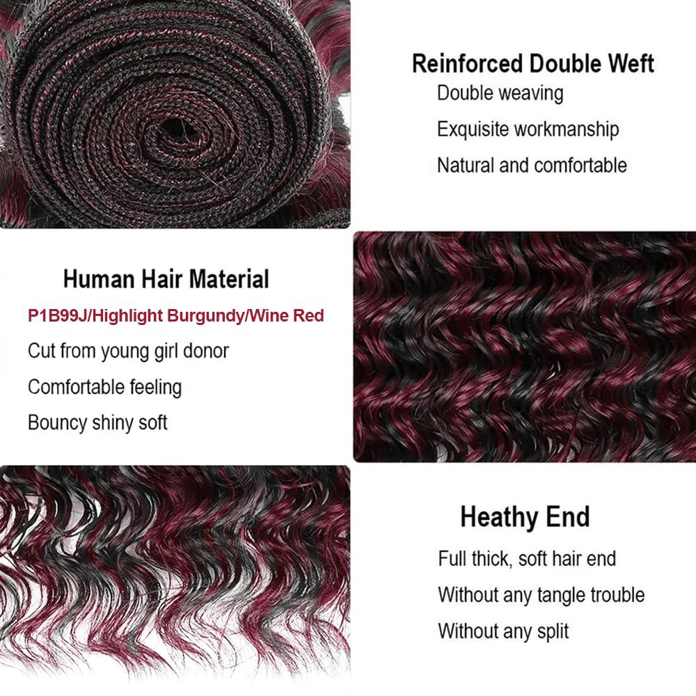 SUHKRPT Highlight Bundles P1B99J Deep Wave Human Hair Bundles Two Tone Black Mixed With 99J Burgundy Bundles Human Hair 3 Bundles 24 24 24 Inch Ombre Wine Red Bundles